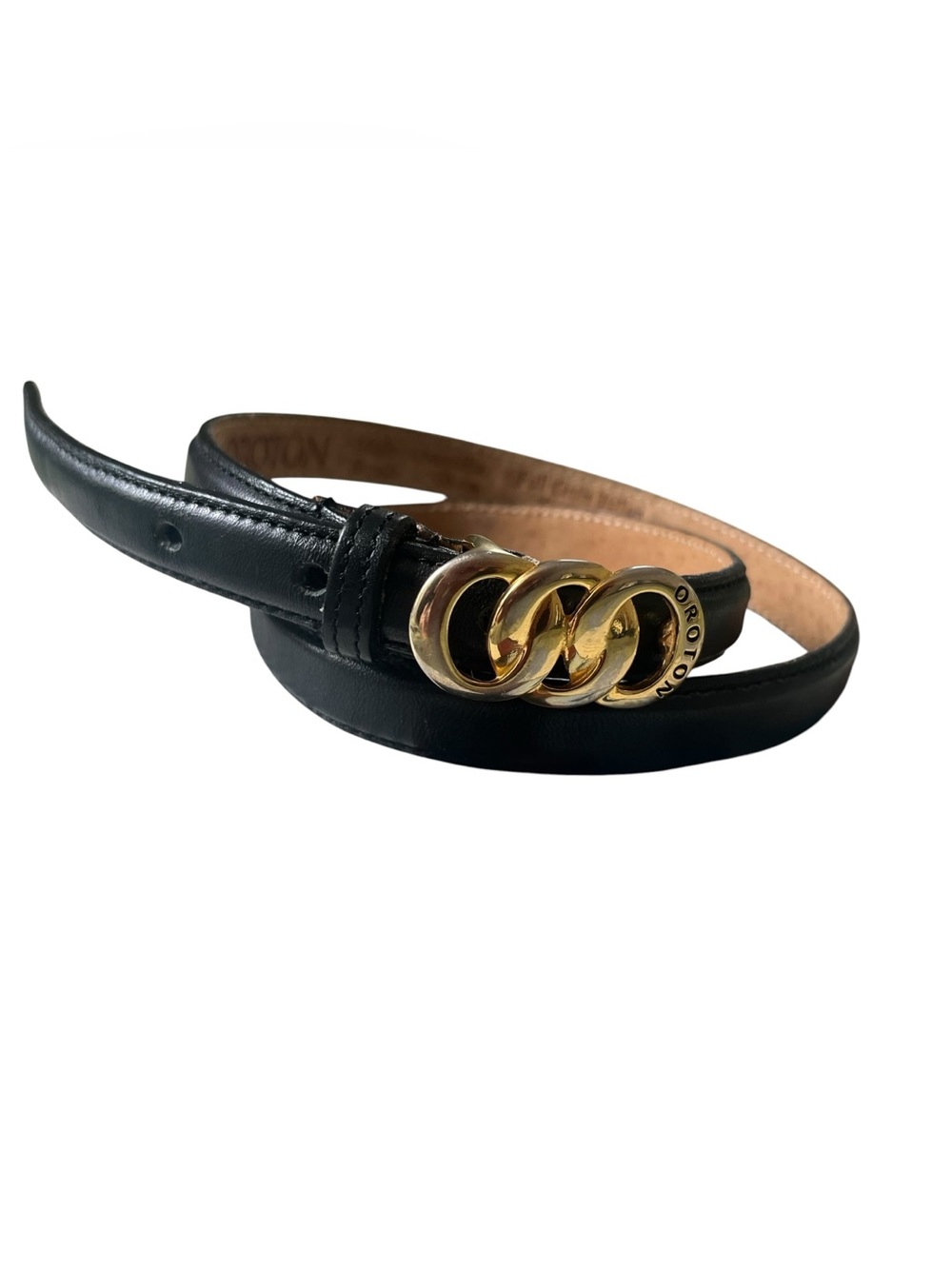 Oroton Black Leather Belt Gold Tone Logo Buckle Made in Australia Size Small